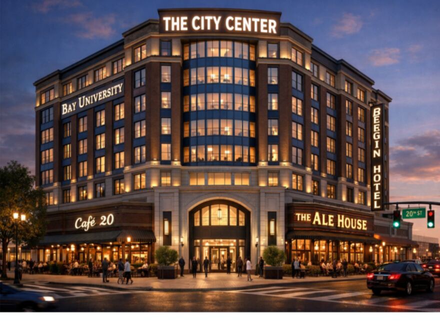 Artist's conceptual rendering of The City Center — a classical brick-and-limestone mixed-use building illuminated at dusk on the corner, with illustrative ground-floor storefronts. Conceptual only; storefront signage illustrative.