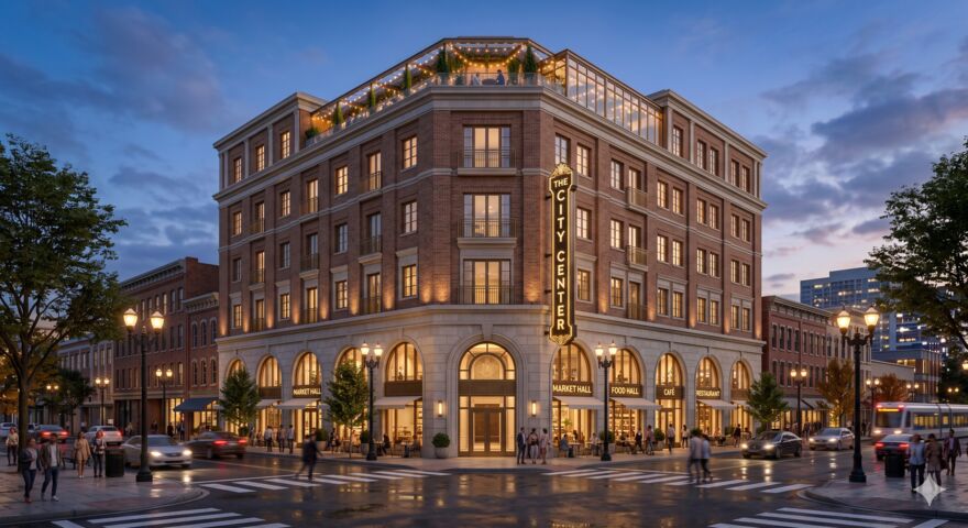 Artist's conceptual rendering of The City Center — a classic brick-and-limestone mixed-use building on the corner with a vertical marquee, arched ground-floor market hall, food hall and café, and rooftop greenery, at dusk. Conceptual only; storefront signage illustrative.