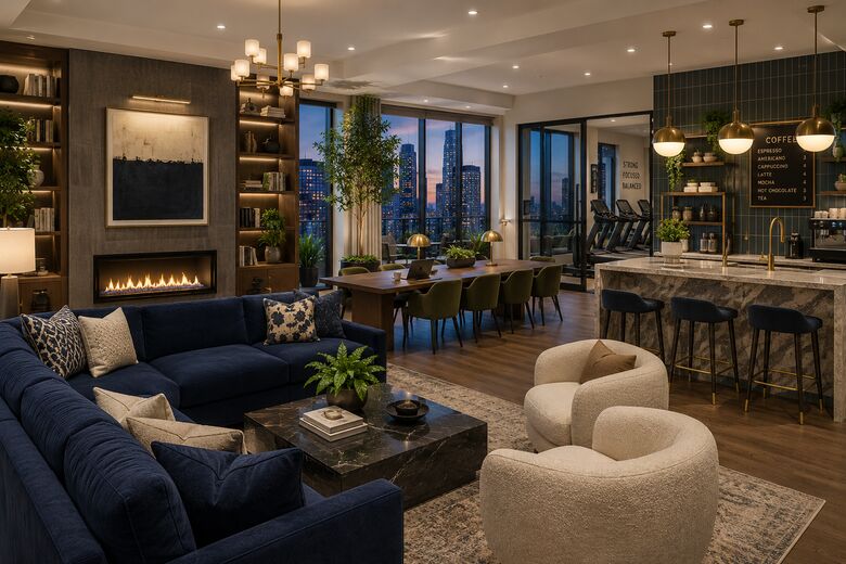 Conceptual rendering of a resident amenity lounge with a fireplace, navy seating, a coffee bar, and a fitness area beyond, with city views.