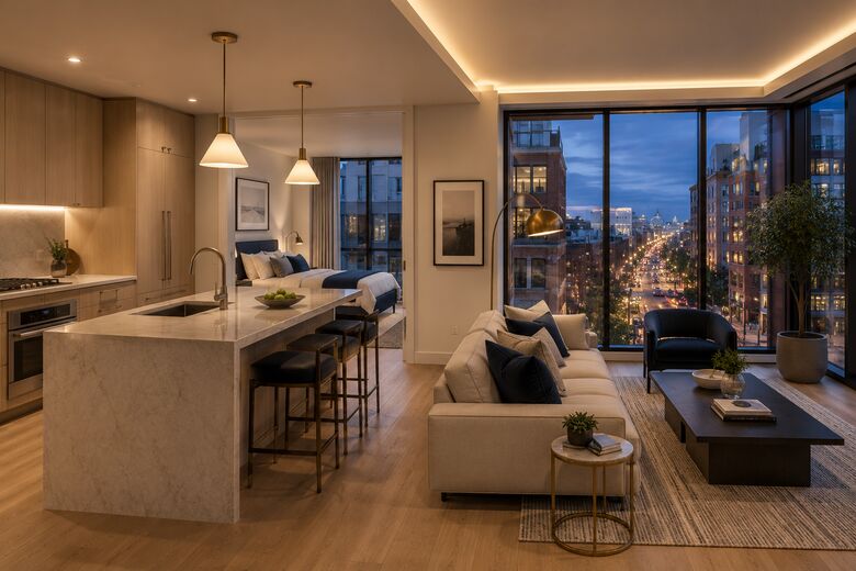 Conceptual rendering of an open-plan residence with floor-to-ceiling windows, oak floors, a stone-island kitchen, and a dusk city view.