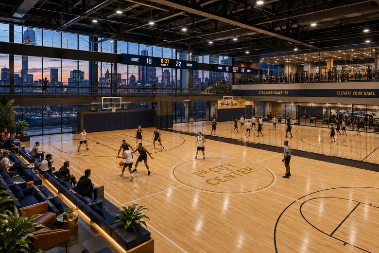 Conceptual rendering of an indoor recreation floor with a hardwood basketball court, scoreboard, lounge seating, and city views at dusk.