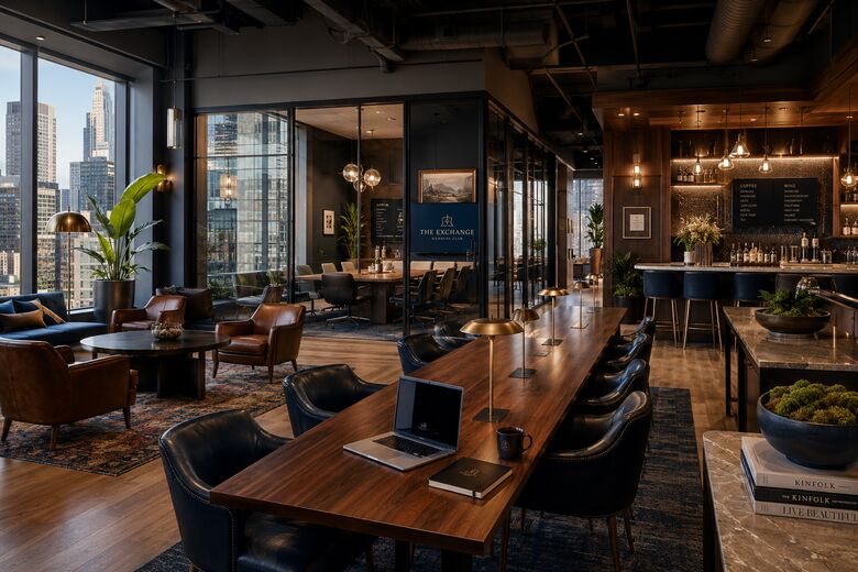 Conceptual rendering of a members-style work club and coworking lounge with leather seating, a long walnut table, and a glass meeting room overlooking the city.