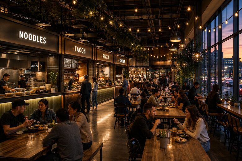 Conceptual rendering of a communal food hall with chef stalls, long wood tables, hanging lights, and diners at dusk.