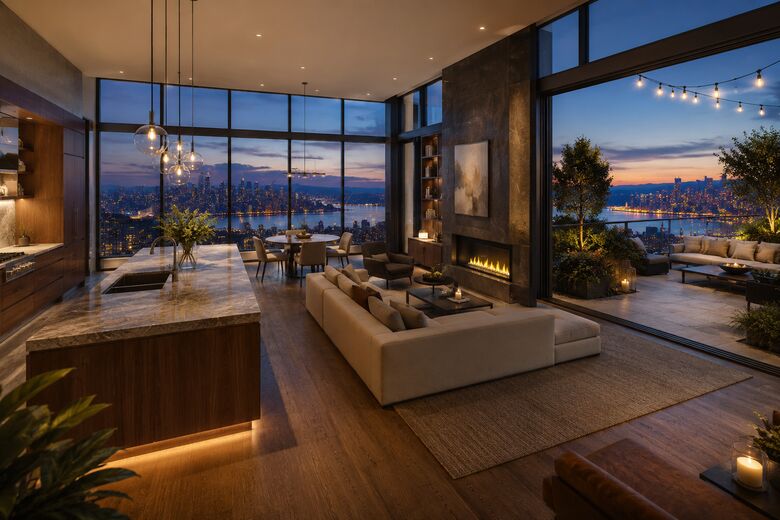 Conceptual rendering of a corner penthouse with wraparound glass, a fireplace, a dining area, a private terrace, and skyline-and-harbor views at dusk.