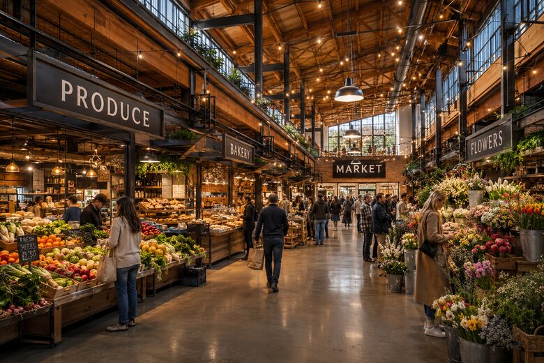 Conceptual rendering of an indoor public market hall with produce, bakery, and flower stalls under warm timber and string lights, with shoppers browsing.