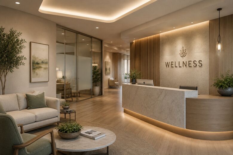 Conceptual rendering of a calm, spa-like medical and wellness reception in warm wood and sage tones.